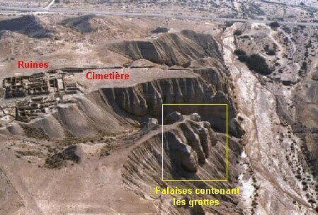 Vue générale du Site de Qumran avec, au premier plan, les falaises au flanc desquelles on découvrit les grottes contenant une partie des manuscrits.