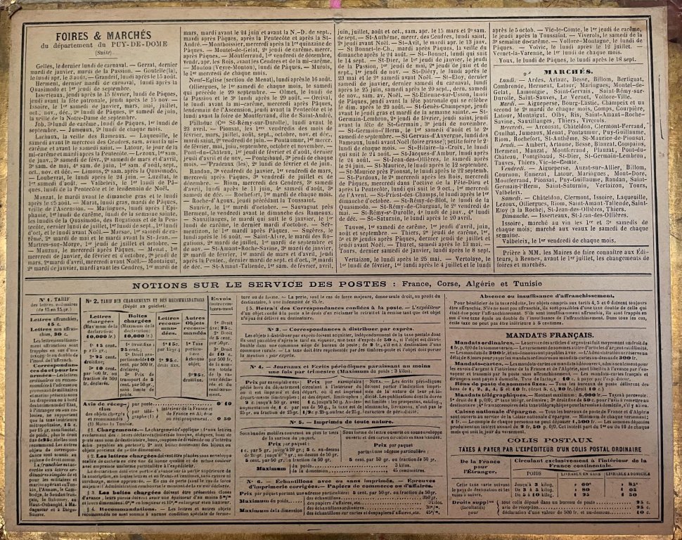 Almanach des postes 1898 verso, foires et marchés du département du Puy-de-Dome
