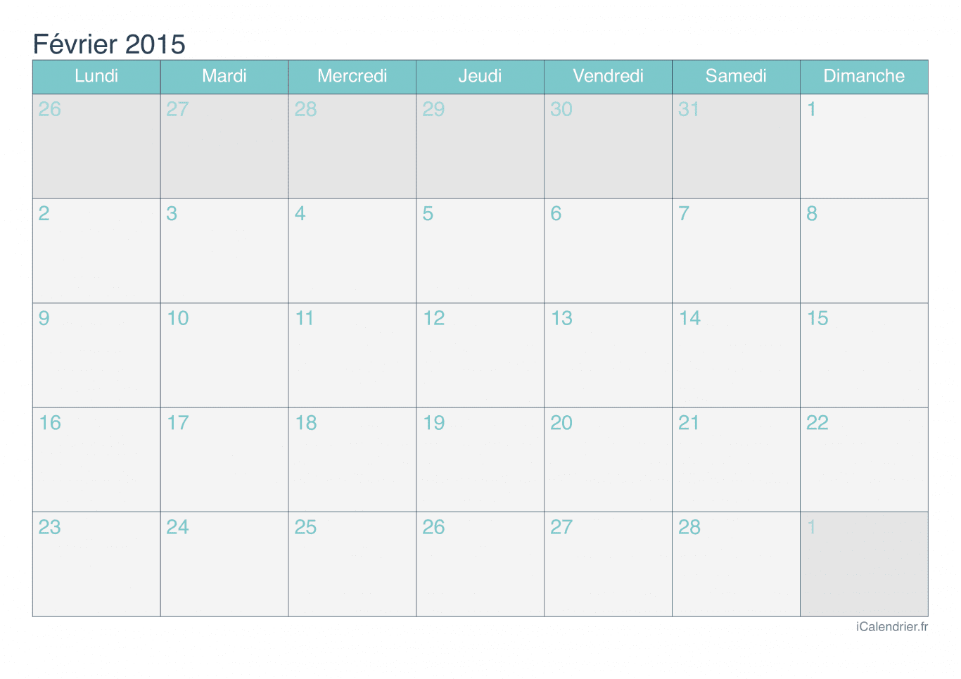 Calendrier de février 2015 - Turquoise