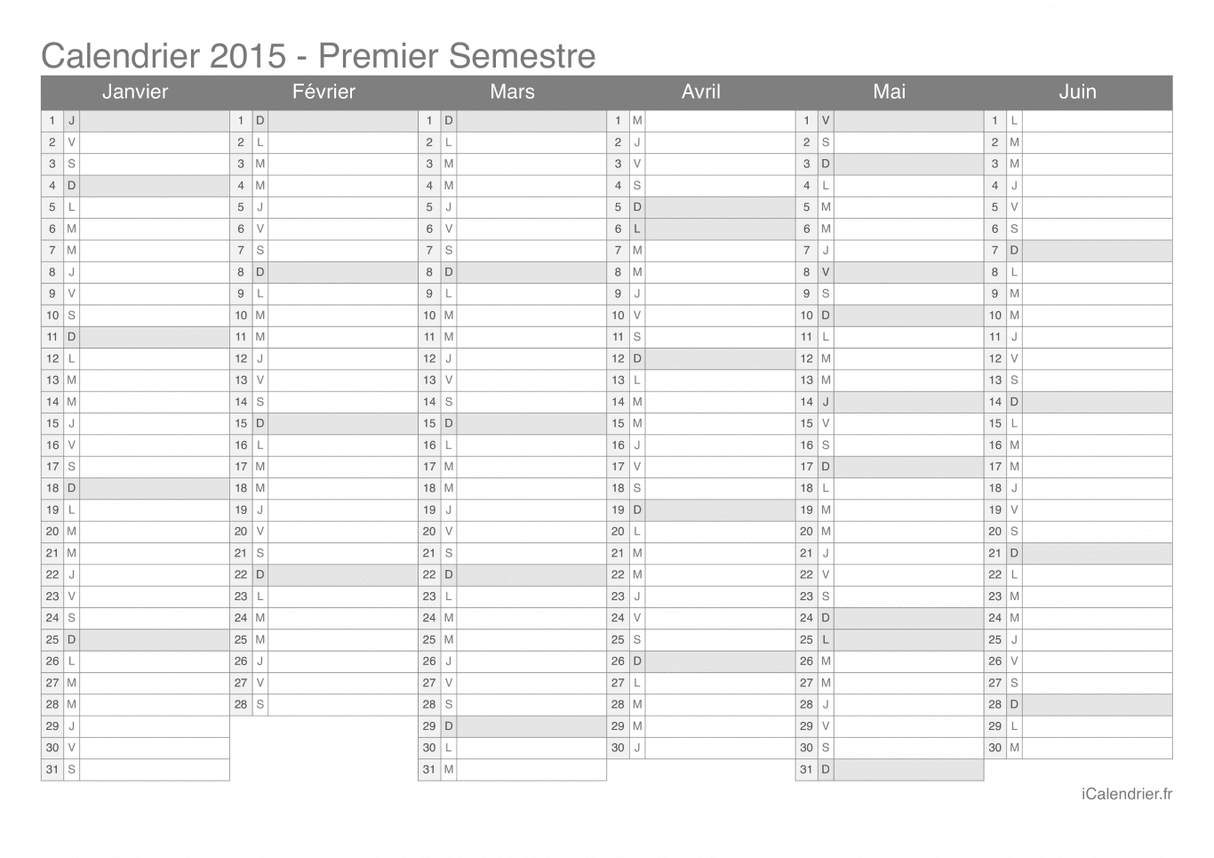 Calendrier par semestre 2015