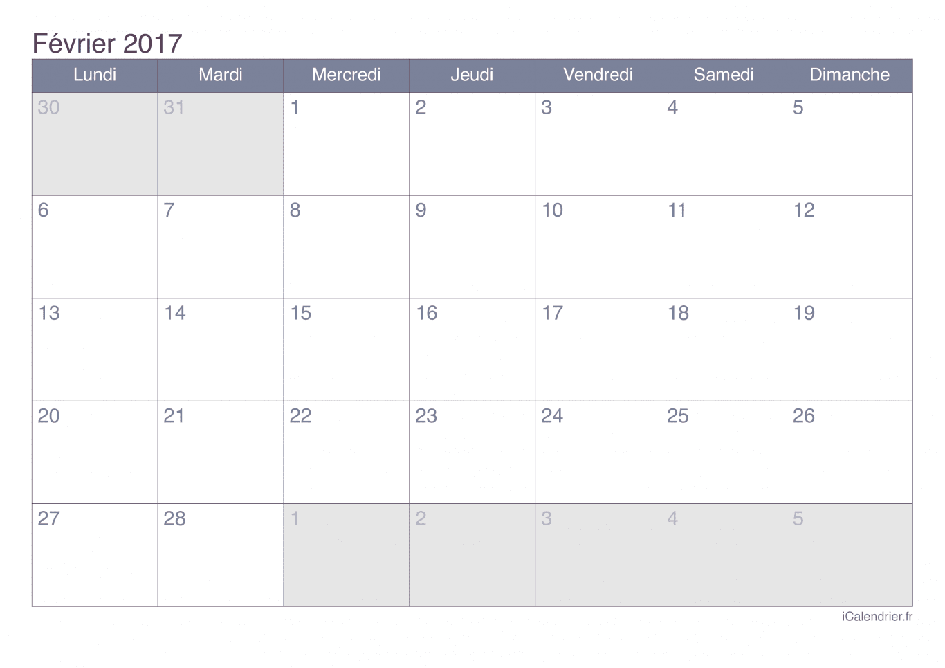 Calendrier de février 2017 - Office