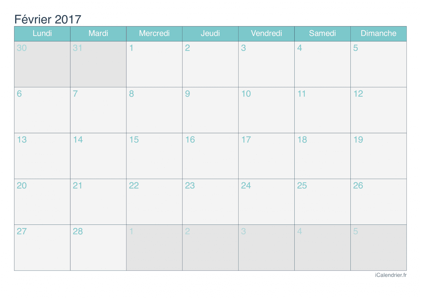 Calendrier de février 2017 - Turquoise