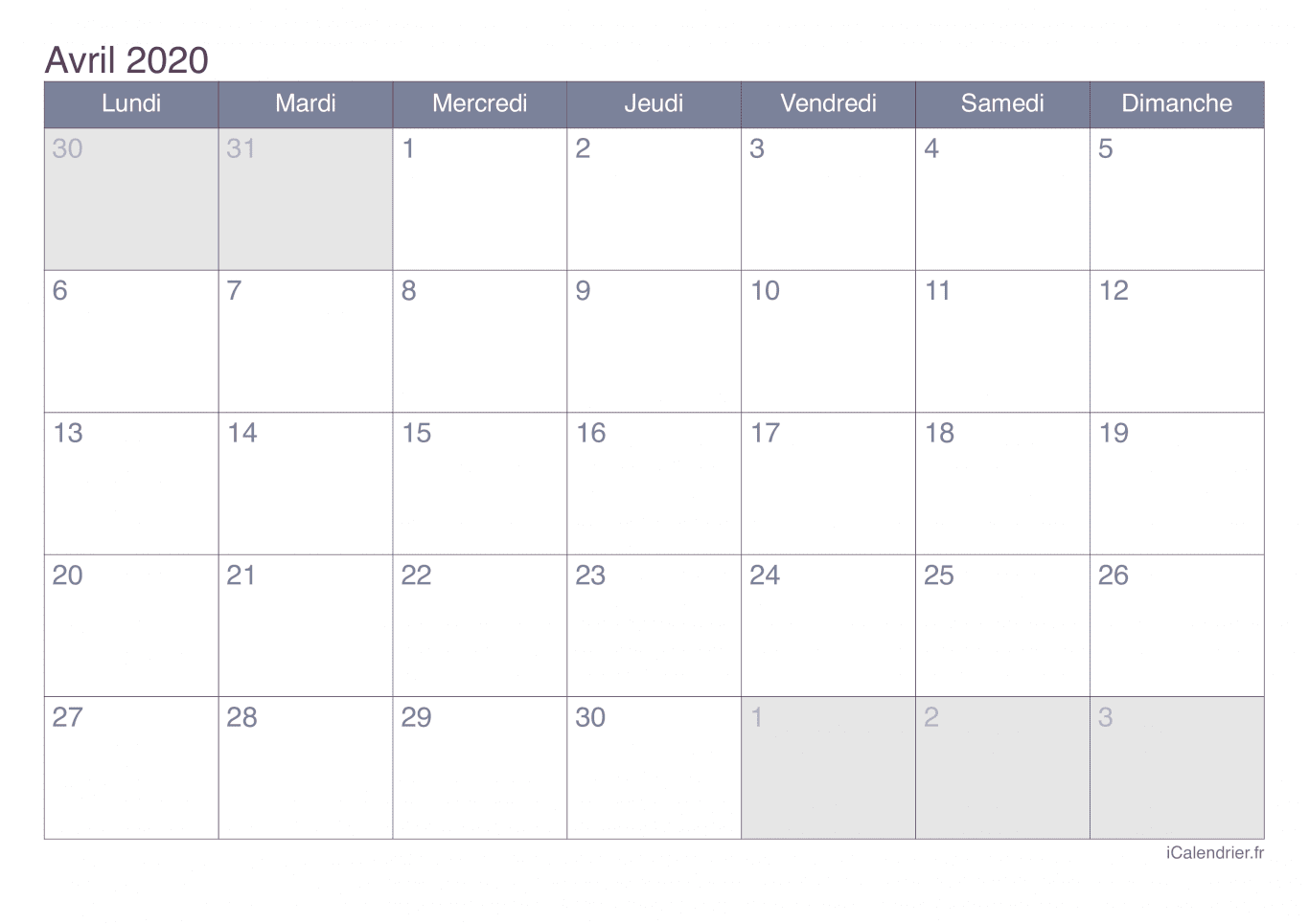 Calendrier d'avril 2020 - Office