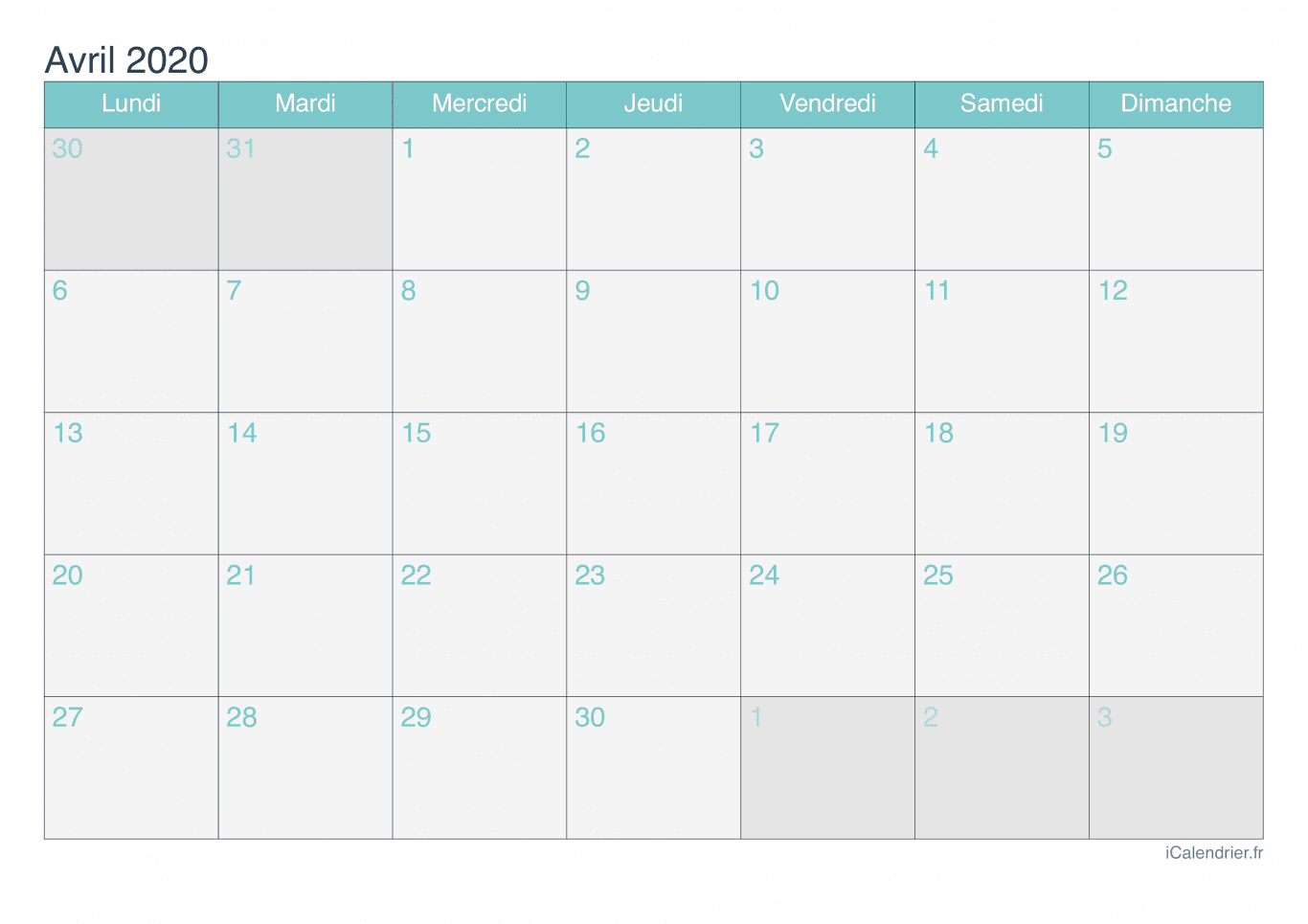 Calendrier d'avril 2020 - Turquoise