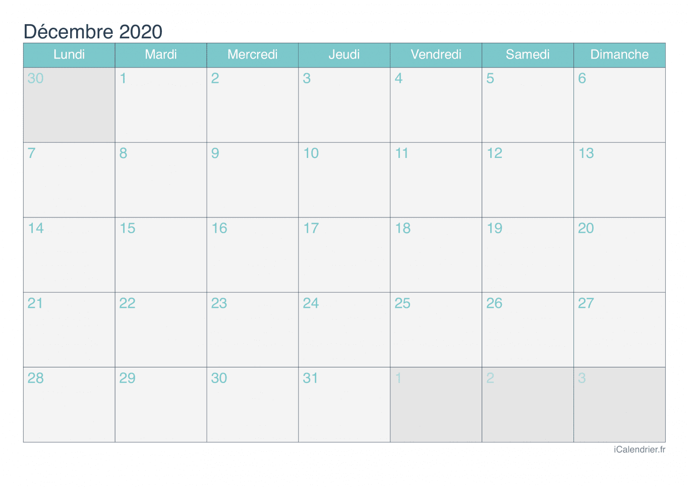 Calendrier de décembre 2020 - Turquoise