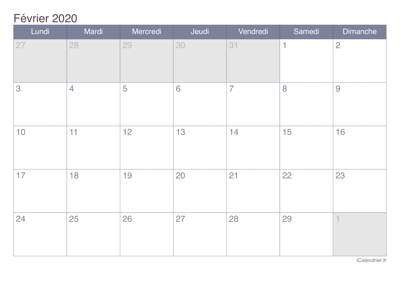 Calendrier de février 2020 - Office