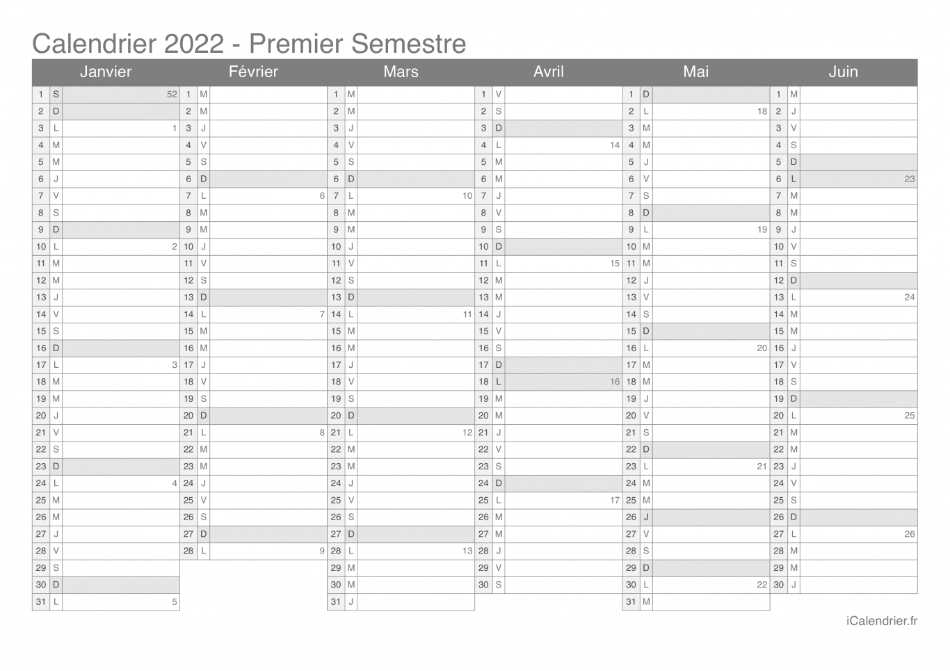 Calendrier par semestre avec numéros des semaines 2022