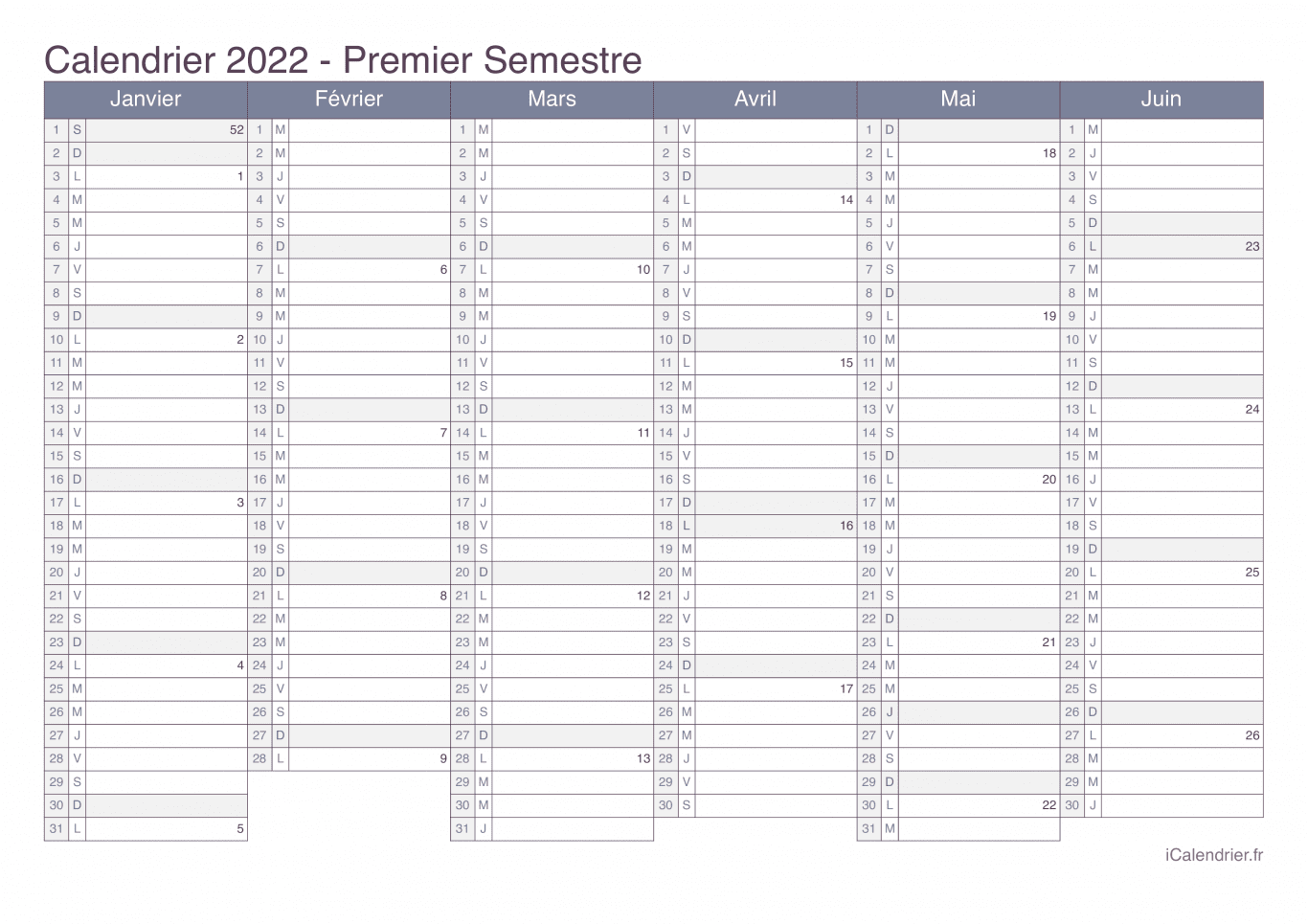 Calendrier par semestre avec numéros des semaines 2022 - Office