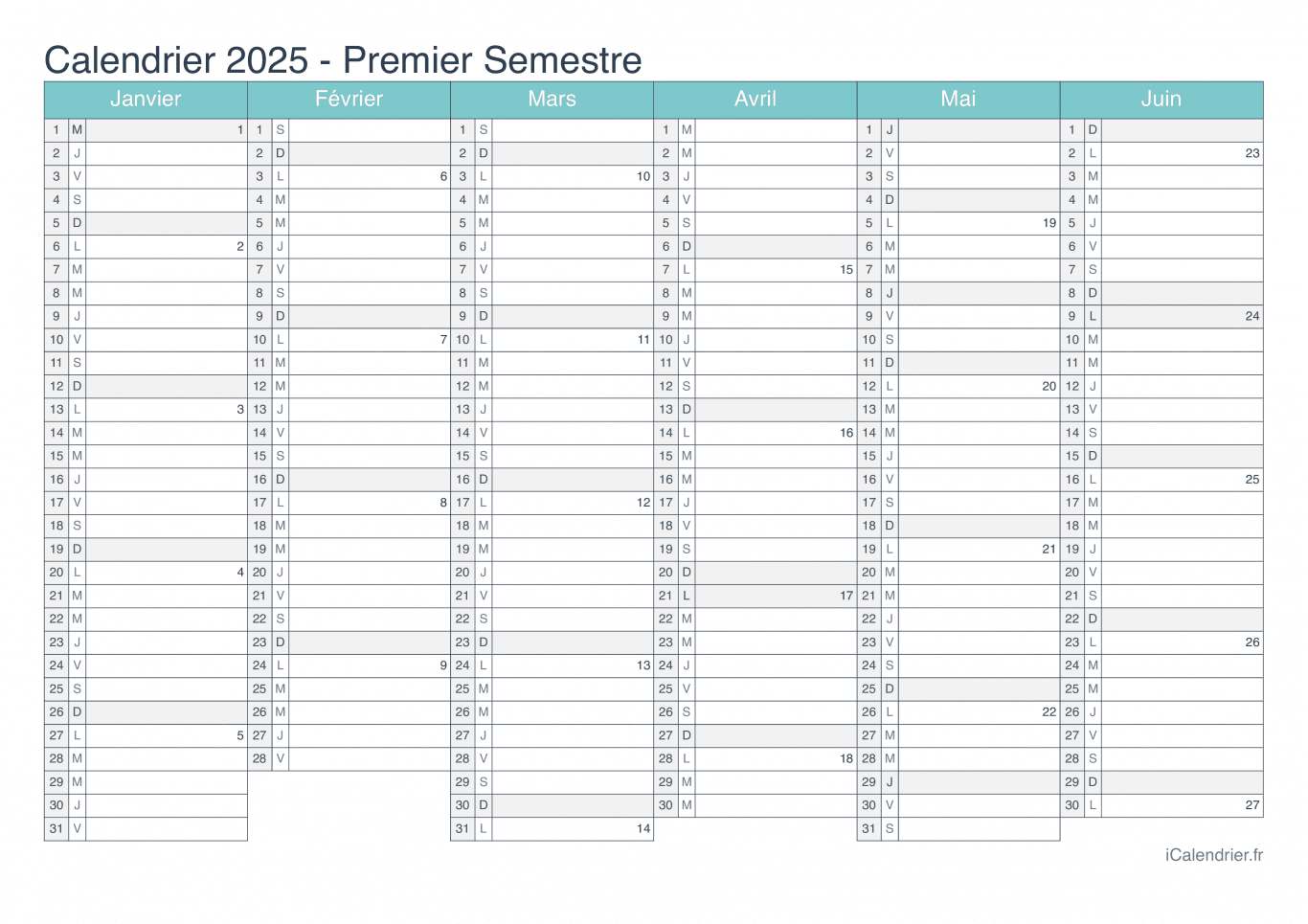 Calendrier par semestre avec numéros des semaines 2025 - Turquoise