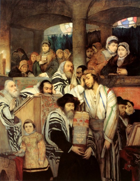 Juifs priant à la synagogue pour Yom Kippour, Maurycy Gottlieb, huile sur toile, 1878