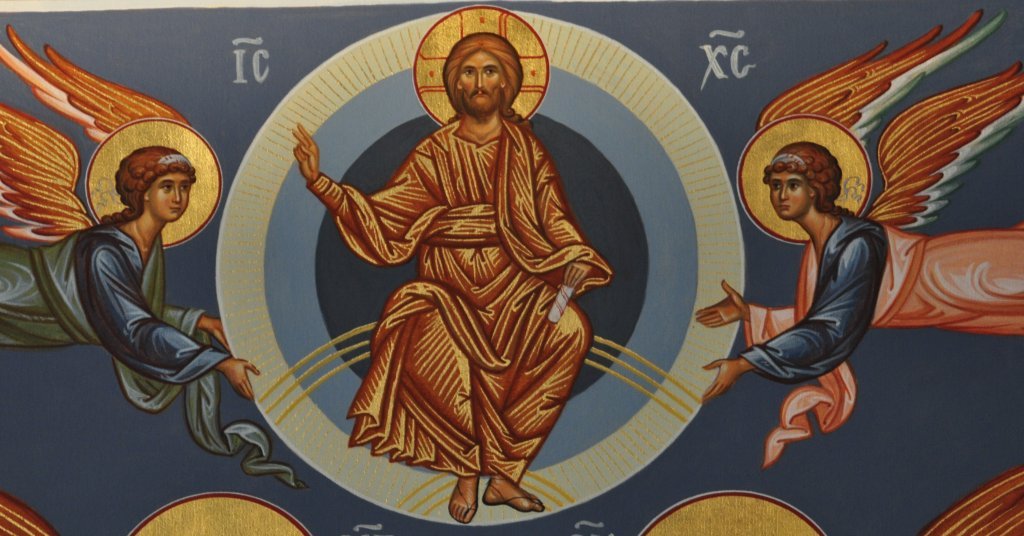 Détail d'une représentation de l'ascension du Christ, fresque de l'église grecque orthodoxe Saint Paul, Irvine, USA