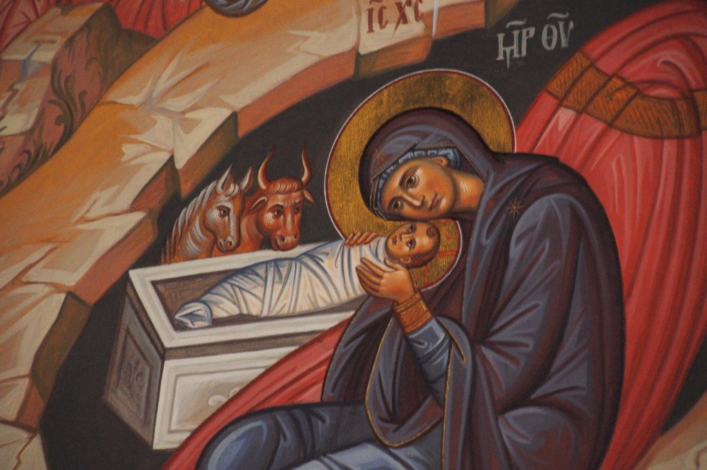 Marie et son enfant le Christ, détail des fresques de l'église grecque orthodoxe Saint Paul, Irvine, USA