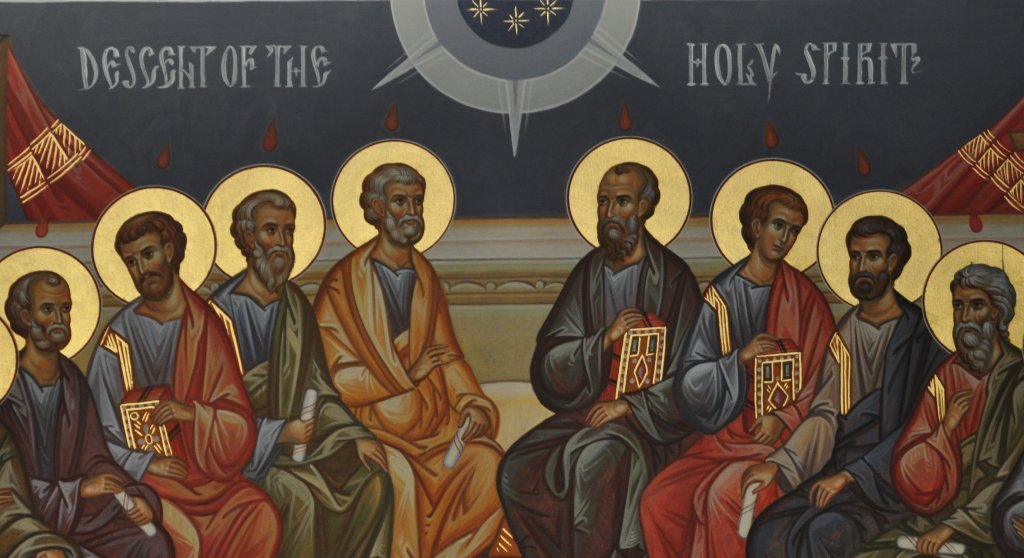 Détail d'une illustration de la Pentecôte orthodoxe, fresque de l'église grecque orthodoxe Saint Paul, Irvine, USA