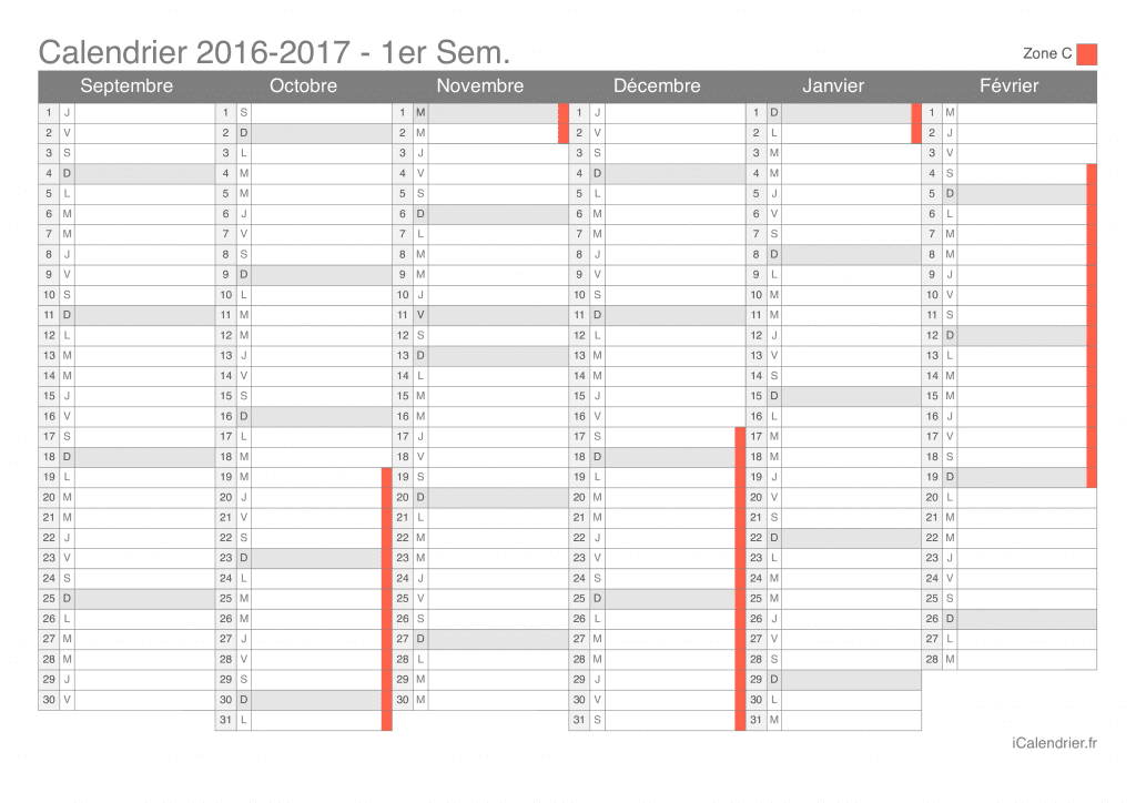Calendrier des vacances scolaires 2016-2017 par semestre de la zone C