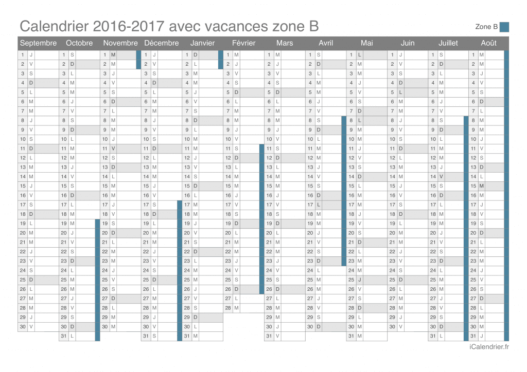 Calendrier des vacances scolaires 2016-2017 de la zone B