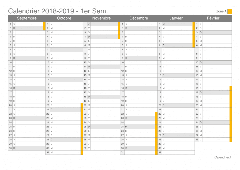 Calendrier des vacances scolaires 2018-2019 par semestre de la zone A
