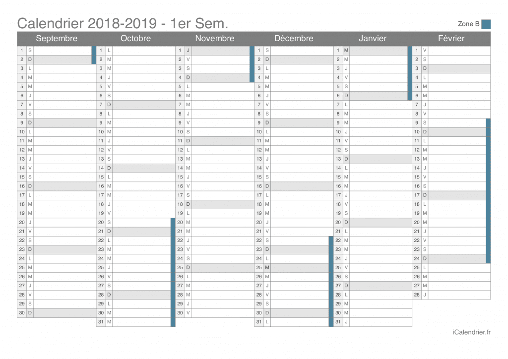 Calendrier des vacances scolaires 2018-2019 par semestre de la zone B