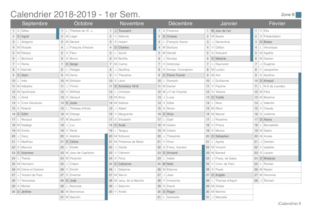 Calendrier des vacances scolaires 2018-2019 par semestre, zone B, avec fête du jour
