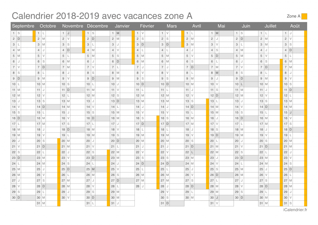 Calendrier des vacances scolaires 2018-2019 de la zone A
