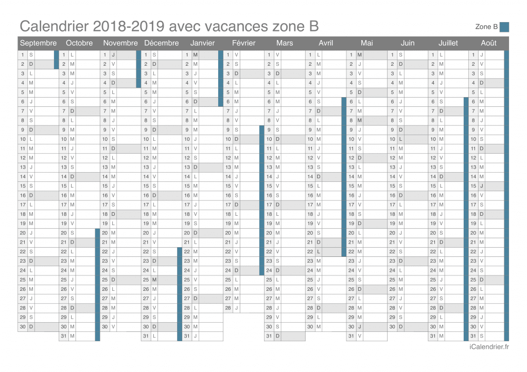Calendrier des vacances scolaires 2018-2019 de la zone B