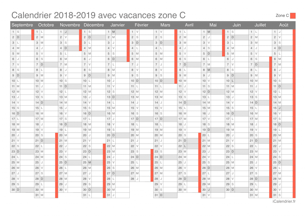 Calendrier des vacances scolaires 2018-2019 de la zone C