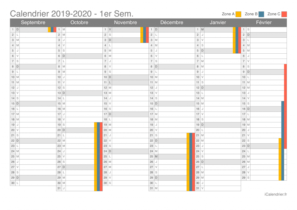 Calendrier des vacances scolaires 2019-2020 par semestre