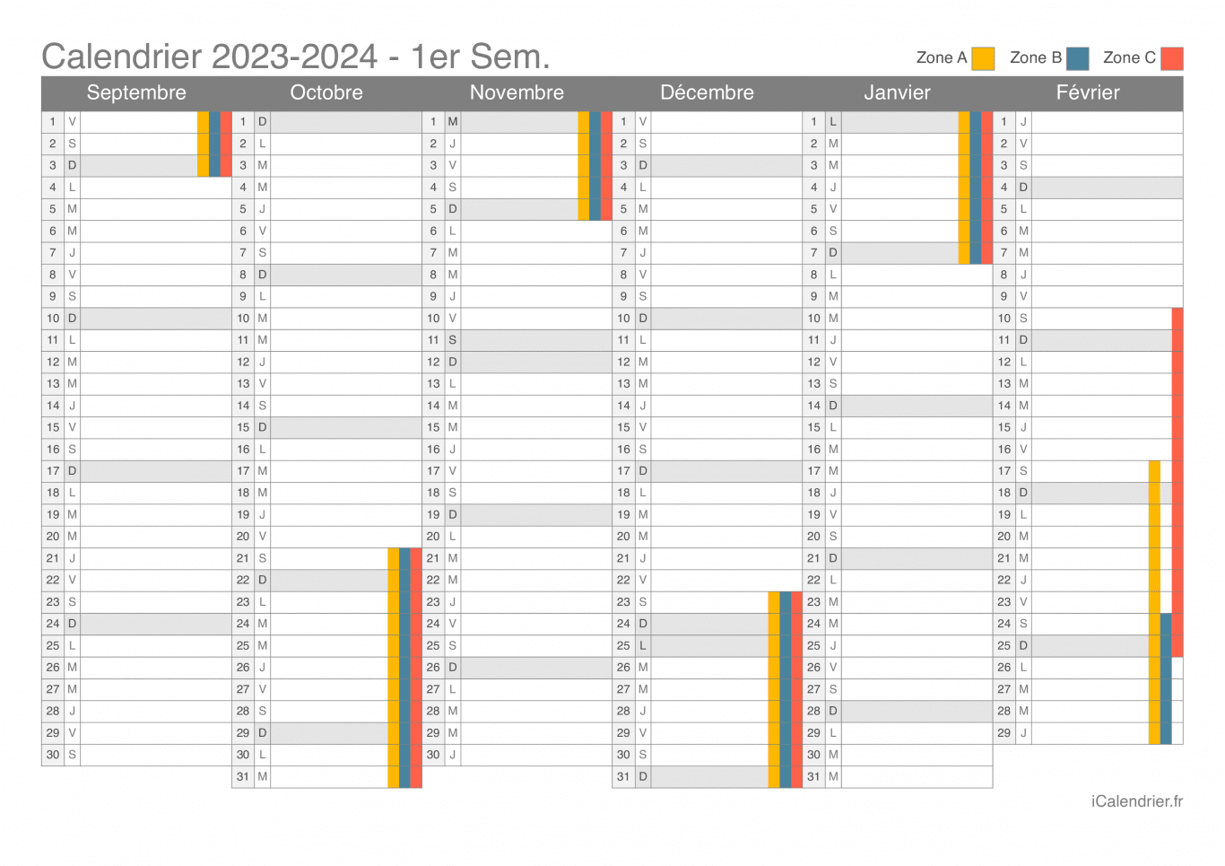 Calendrier des vacances scolaires 2023-2024 par semestre