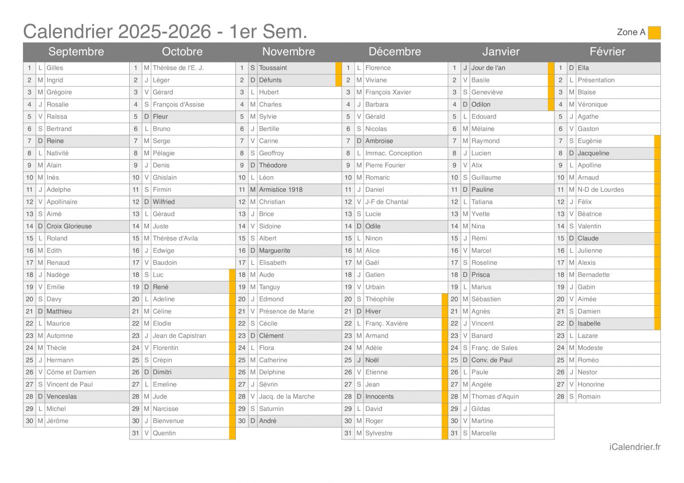 Calendrier des vacances scolaires 2025-2026 par semestre, zone A, avec fête du jour
