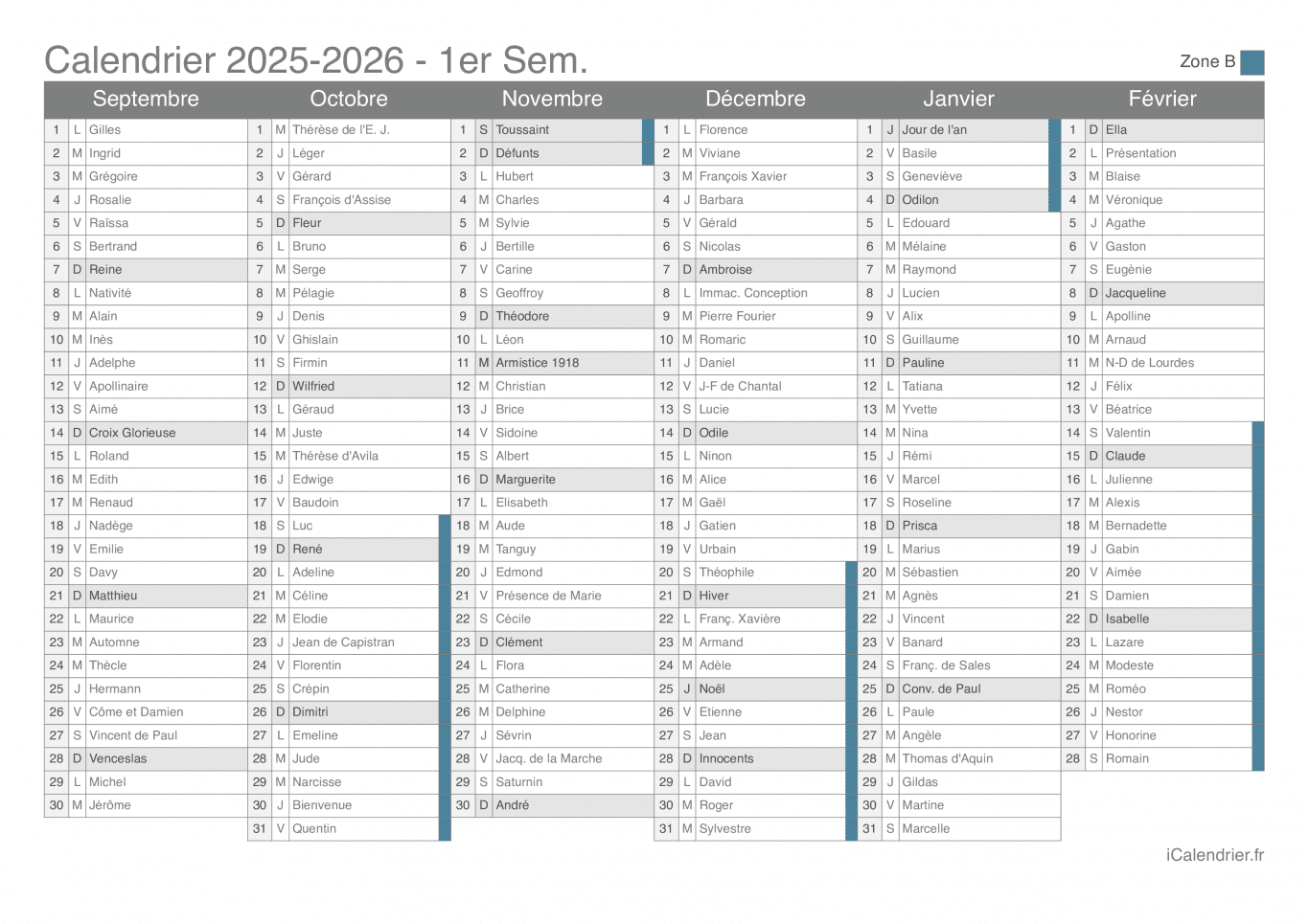 Calendrier des vacances scolaires 2025-2026 par semestre, zone B, avec fête du jour