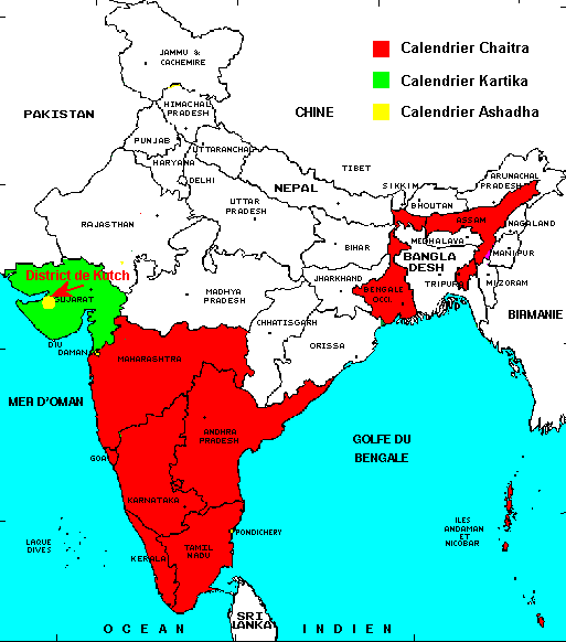 Carte de l'Inde indiquant l'utilisation des différents calendriers amanta ou mukhyamana selon les régions