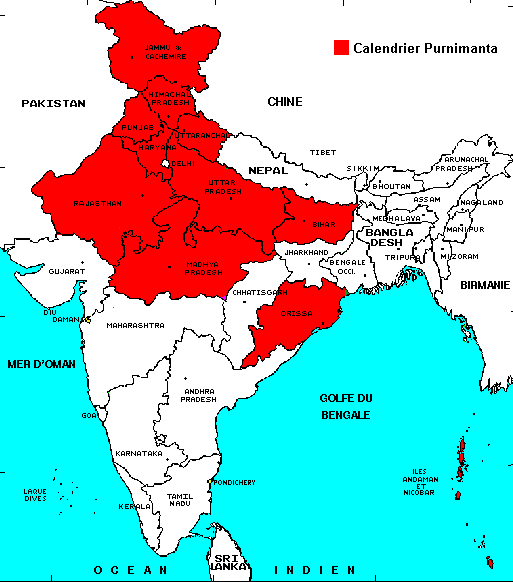Carte de l'Inde indiquant l'utilisation du calendrier purnimanta ou gaunamana dans les régions du pays