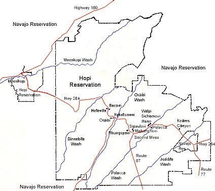 Carte des villages hopis dans la réserve indienne en Arizona