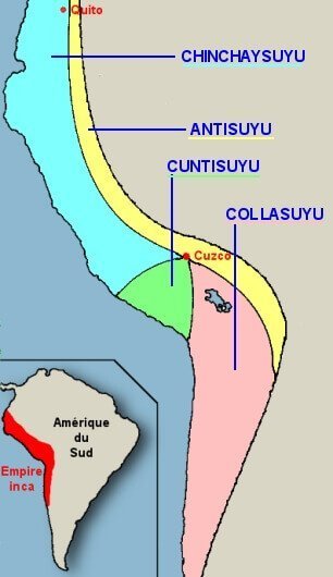 Carte de l'empire Inca, divisé en quatre quartiers à partir de Cuzco : Chinchaysuyu, Antisuyu, Collasuyu et Cuntisuyu
