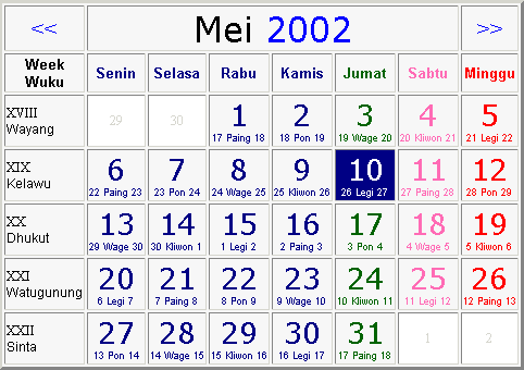 Calendrier en ligne indonésien pour le mois de mai 2002