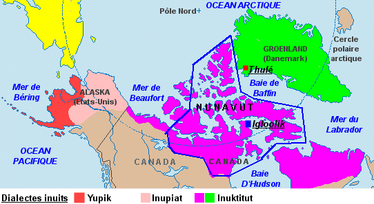 Carte du nord du Canada et du Groënland indiquant le Nunavut, la terre des Inuits du Canada