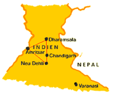 Carte de l'Inde proche du Tibet avec la ville de Dharamsala