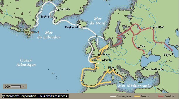 Carte des expéditions des Vikings en Europe et Amérique du Nord