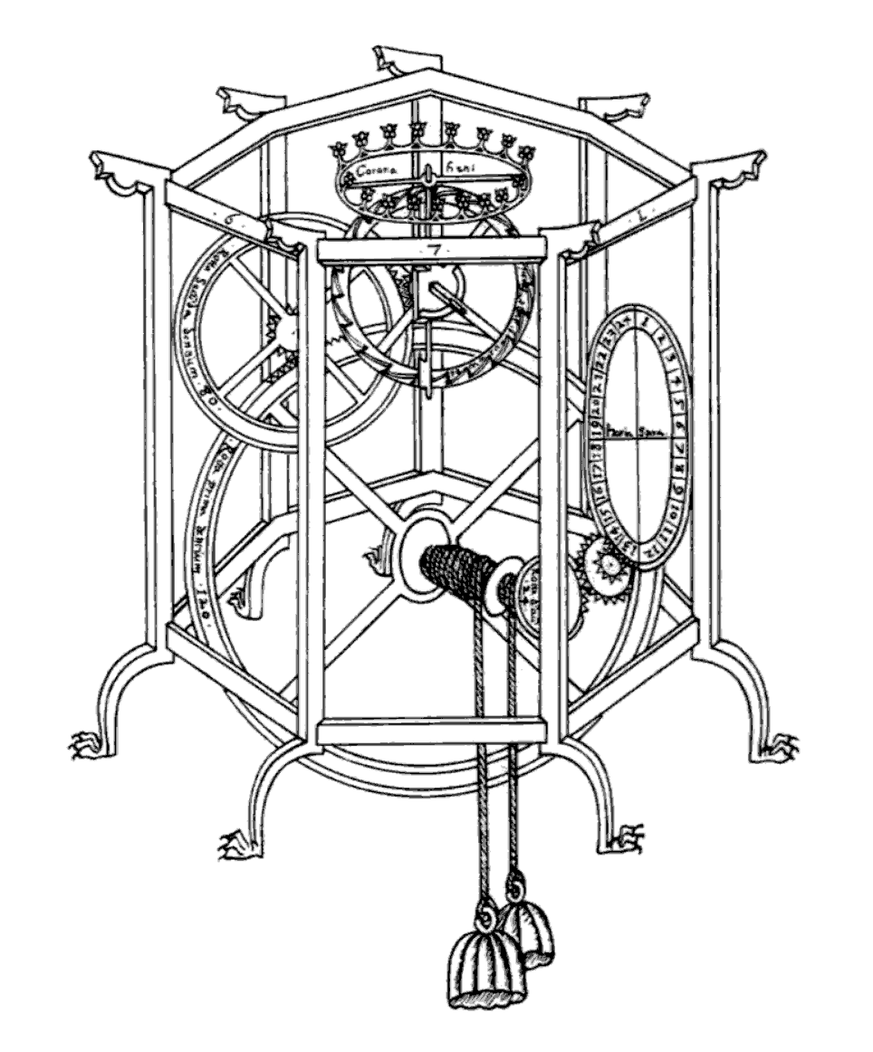 croquis du châssis inférieur de l'horloge planétaire, d'après un manuscrit de la bibliothèque de l'Eton College