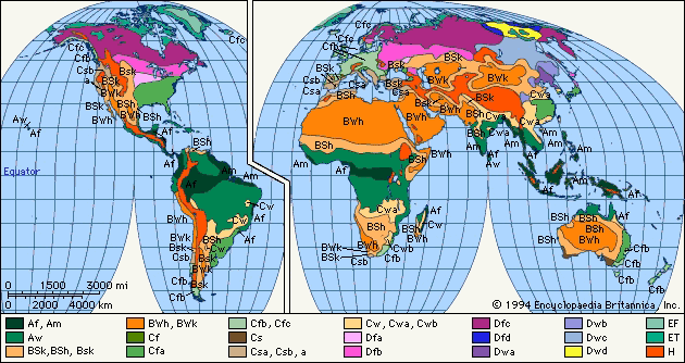 Carte des zones climatiques de Köppen