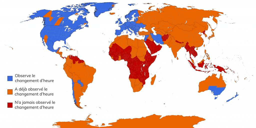 Carte mondiale représentant les pays appliquant ou ayant appliqué le changement d'heure