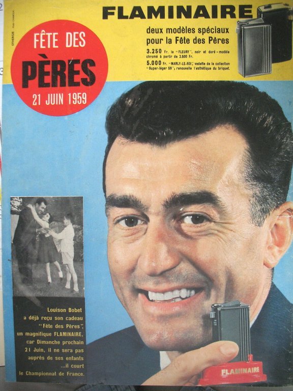 Pub Flaminaire, 1959 : Louison Bobet a déjà reçu son cadeau Fête des Pères, un magnifique Flaminaire
