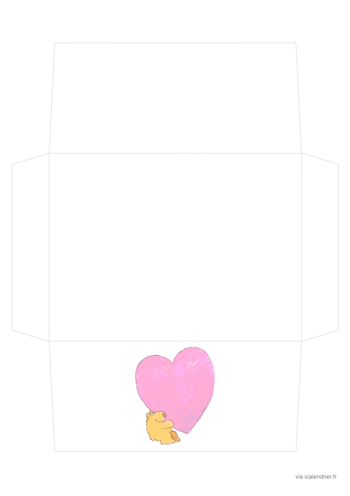 Enveloppe avec un ours sous un très gros coeur rose