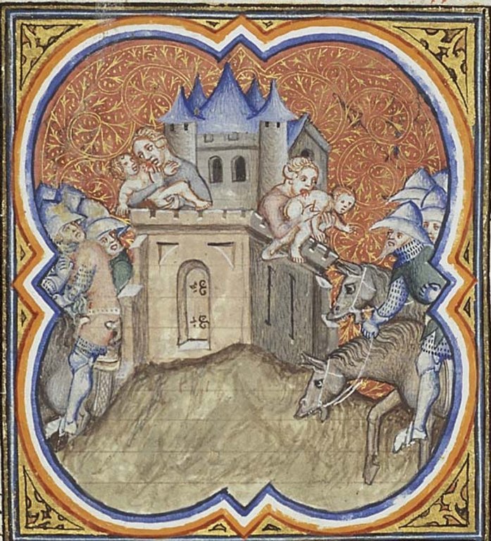 Représentation de la famine à Jérusalem pendant le siège dans la Bible Historiale (XIVe)