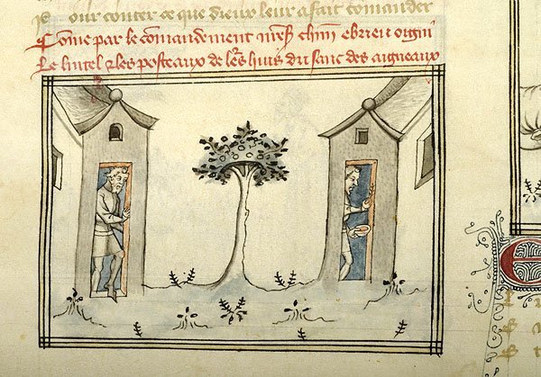 Illustration de l’épisode du signe du sang sur les encadrements de porte des Hébreux tirée de l’Histoire de la Bible et de l’Assomption de Notre-Dame (1390, France)