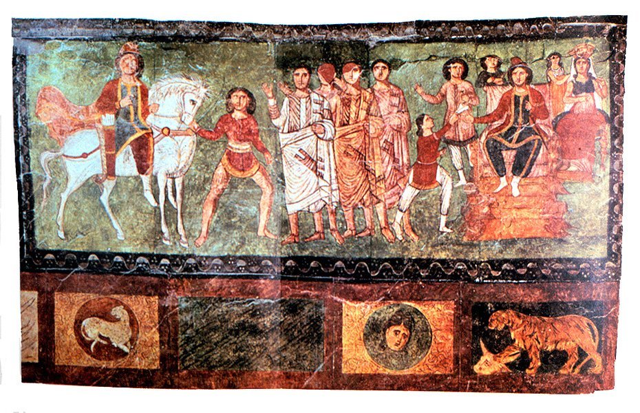 Fresque de la synagogue de Dura-Europos, milieu du IIIe siècle, Musée de Damas : Le triomphe de Mardochée 
