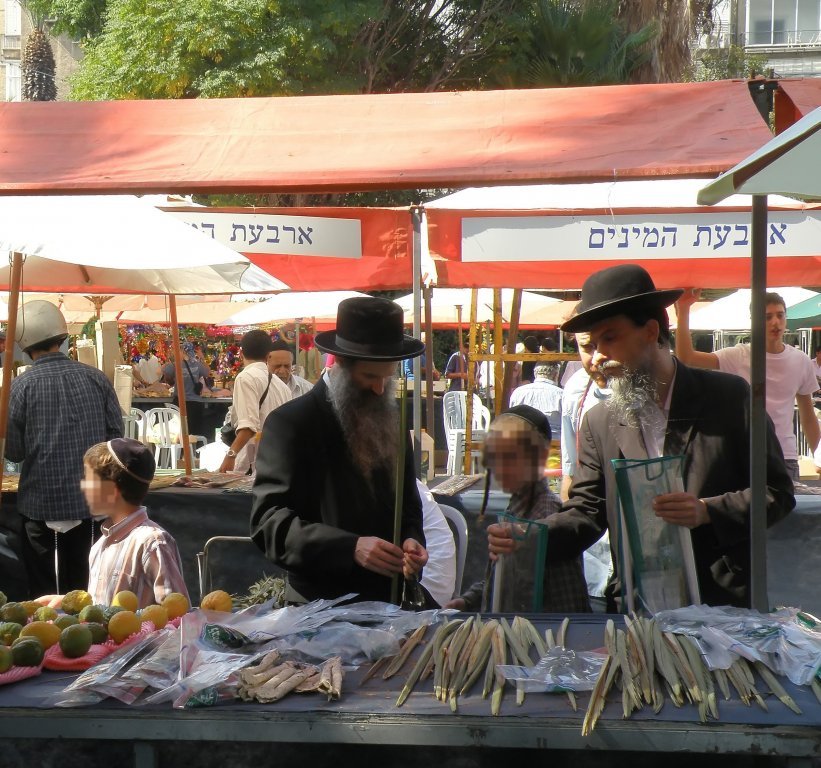 Achat des composants du lulav, au marché des quatre espèces, Tel Aviv