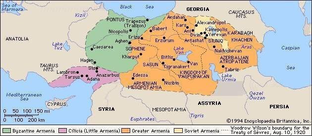Carte historique de l'Arménie faisant apparaître les différentes étapes de l'évolution territoriale du pays