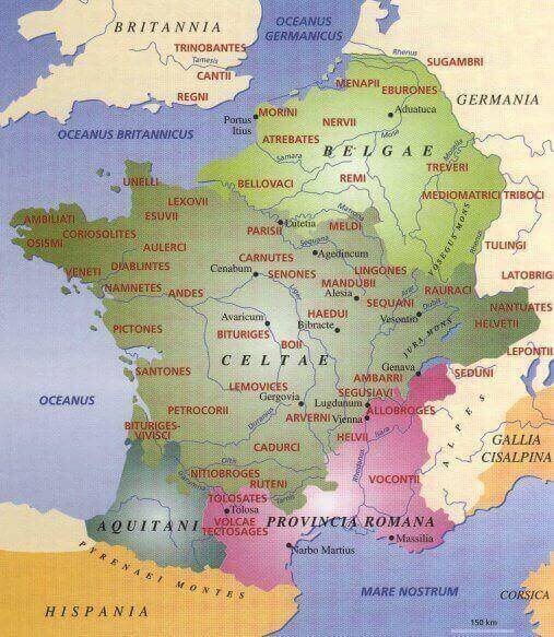 On retrouve sur cette carte la description faite par César et citée plus haut : Belges, Aquitains, Celtes (Gaulois).