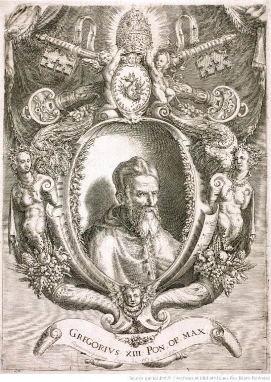 Le pape Grégoire XIII (1502-1585) dont le pontificat dura de 1572 à 1585. Estampe de Cherubino ALBERTI, 1585.