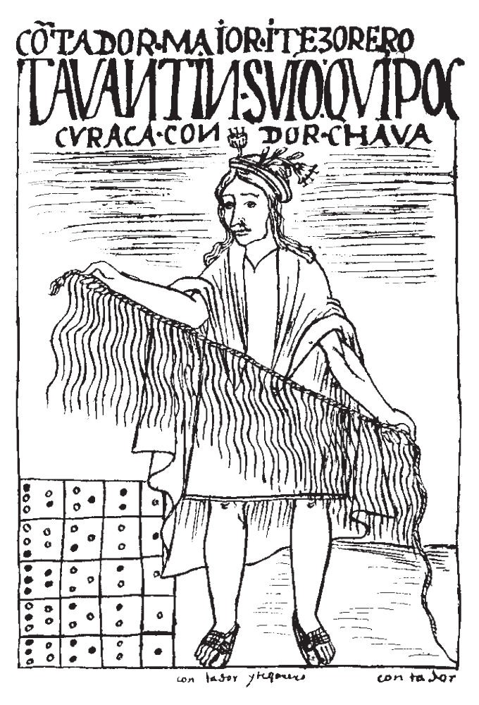 Illustration d'un livre de Quaman Poma de Ayala nous montre un quipu camayo et son instrument.